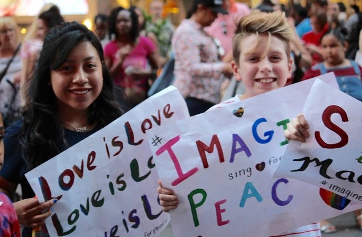 Young people from the Broadway community sing John Lennon's 'Imagine' for peace at 